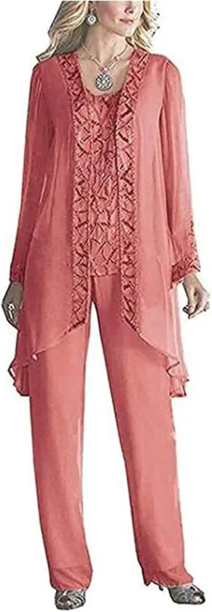 Women's Chiffon 3 Pieces Formal Mother of The Bride Pant Suits with Appliques with Outfit for Wedding Grooms