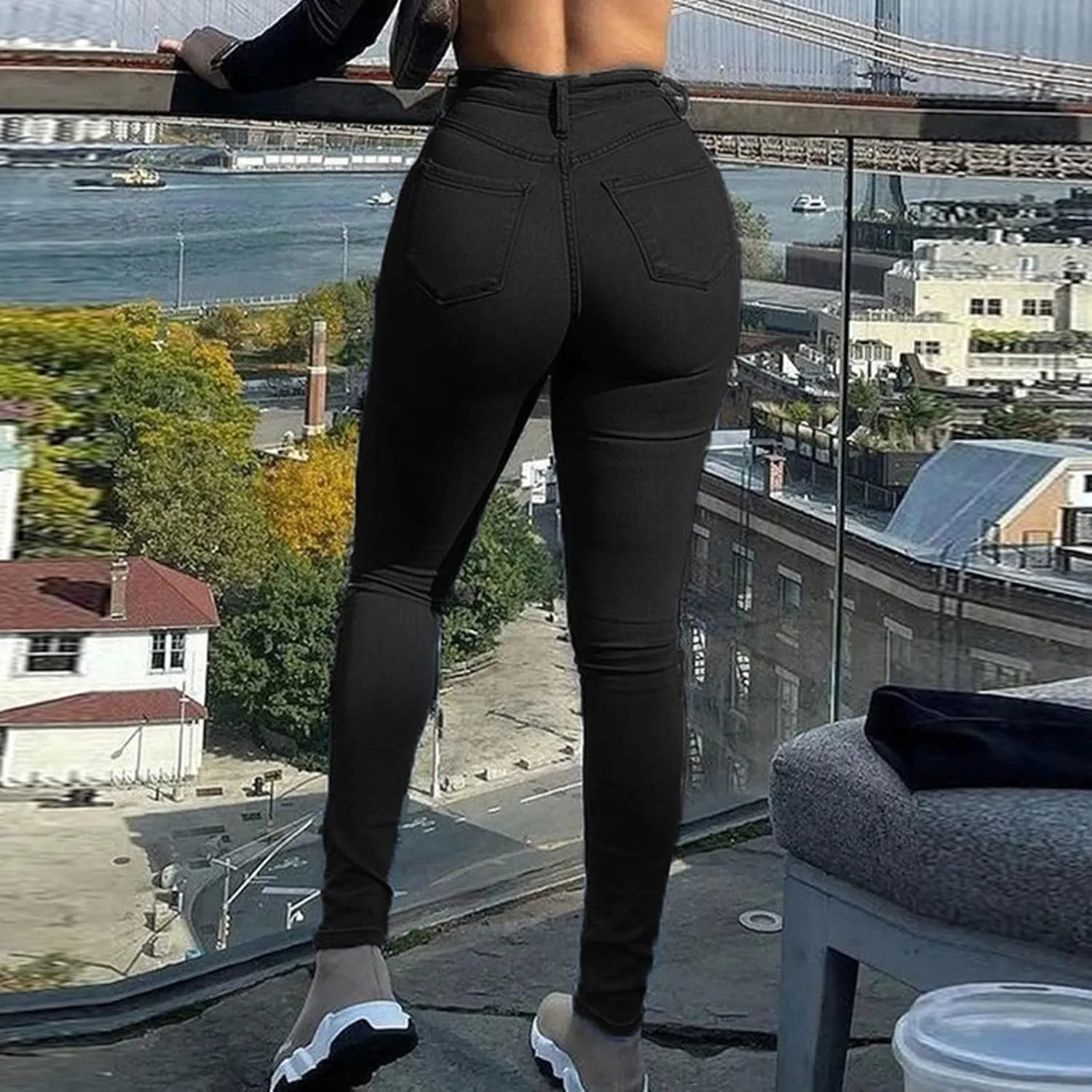 Women's Classic Slim Fit Pull-On Jeans Pants Butt Lifting Stretchy High Waist Straight Leg Denim Trousers with Pockets