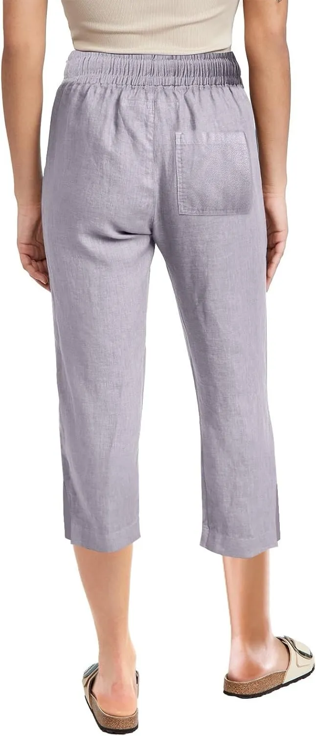 Womens Cotton Linen Casual Capri Lightweight Comfy Drawstring Loose Workout Sweatpants Lounge Palazzo Summer Cropped Trousers