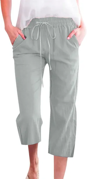 Womens Cotton Linen Casual Capri Lightweight Comfy Drawstring Loose Workout Sweatpants Lounge Palazzo Summer Cropped Trousers