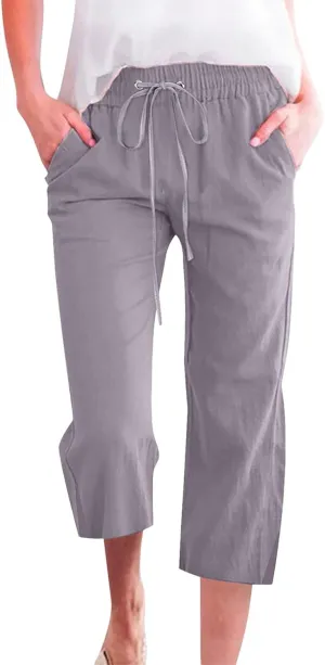 Womens Cotton Linen Casual Capri Lightweight Comfy Drawstring Loose Workout Sweatpants Lounge Palazzo Summer Cropped Trousers