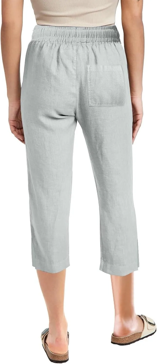 Womens Cotton Linen Casual Capri Lightweight Comfy Drawstring Loose Workout Sweatpants Lounge Palazzo Summer Cropped Trousers