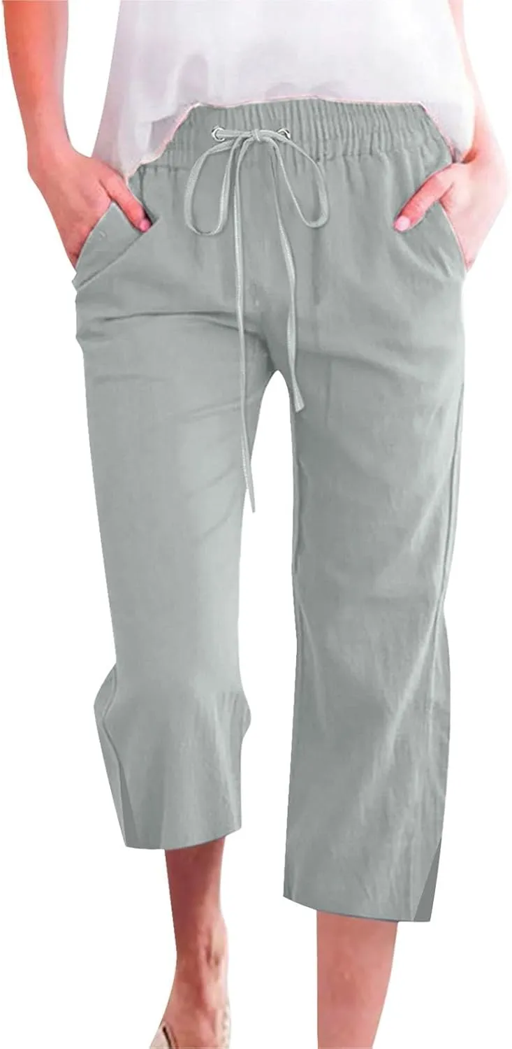 Womens Cotton Linen Casual Capri Lightweight Comfy Drawstring Loose Workout Sweatpants Lounge Palazzo Summer Cropped Trousers