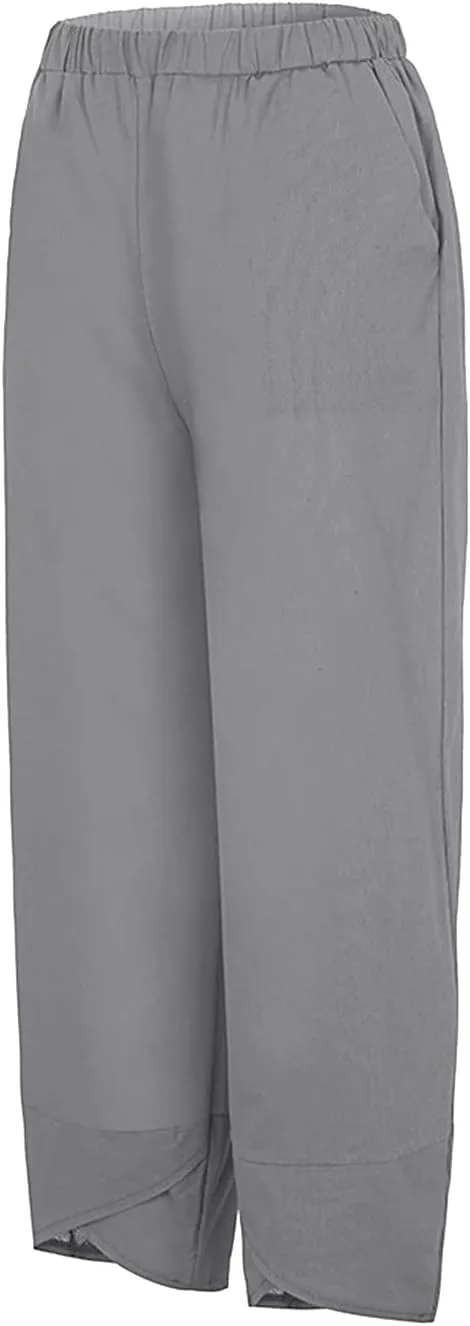 Women's Cotton Linen Summer Comfy Pant Trousers Elastic Waisted Wide Leg Slim-Fit Trousers Business Work
