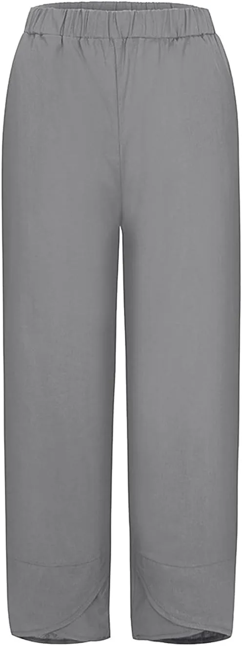 Women's Cotton Linen Summer Comfy Pant Trousers Elastic Waisted Wide Leg Slim-Fit Trousers Business Work