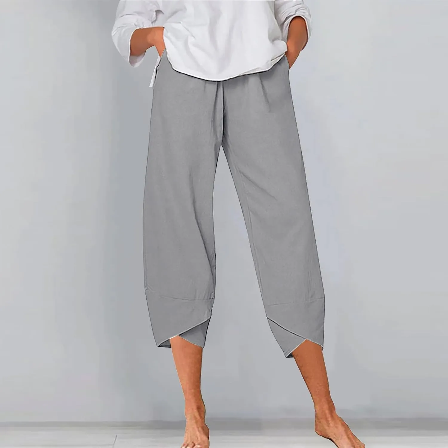 Women's Cotton Linen Summer Comfy Pant Trousers Elastic Waisted Wide Leg Slim-Fit Trousers Business Work