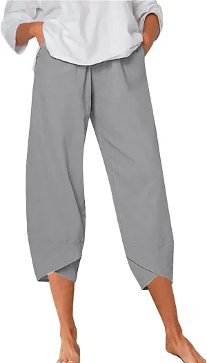Women's Cotton Linen Summer Comfy Pant Trousers Elastic Waisted Wide Leg Slim-Fit Trousers Business Work