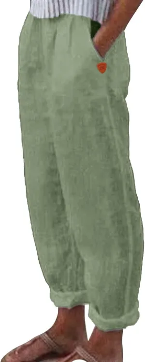 Womens Cotton Linen Summer Comfy Pants High Waist Wide Leg Slim-Fit Trousers Office