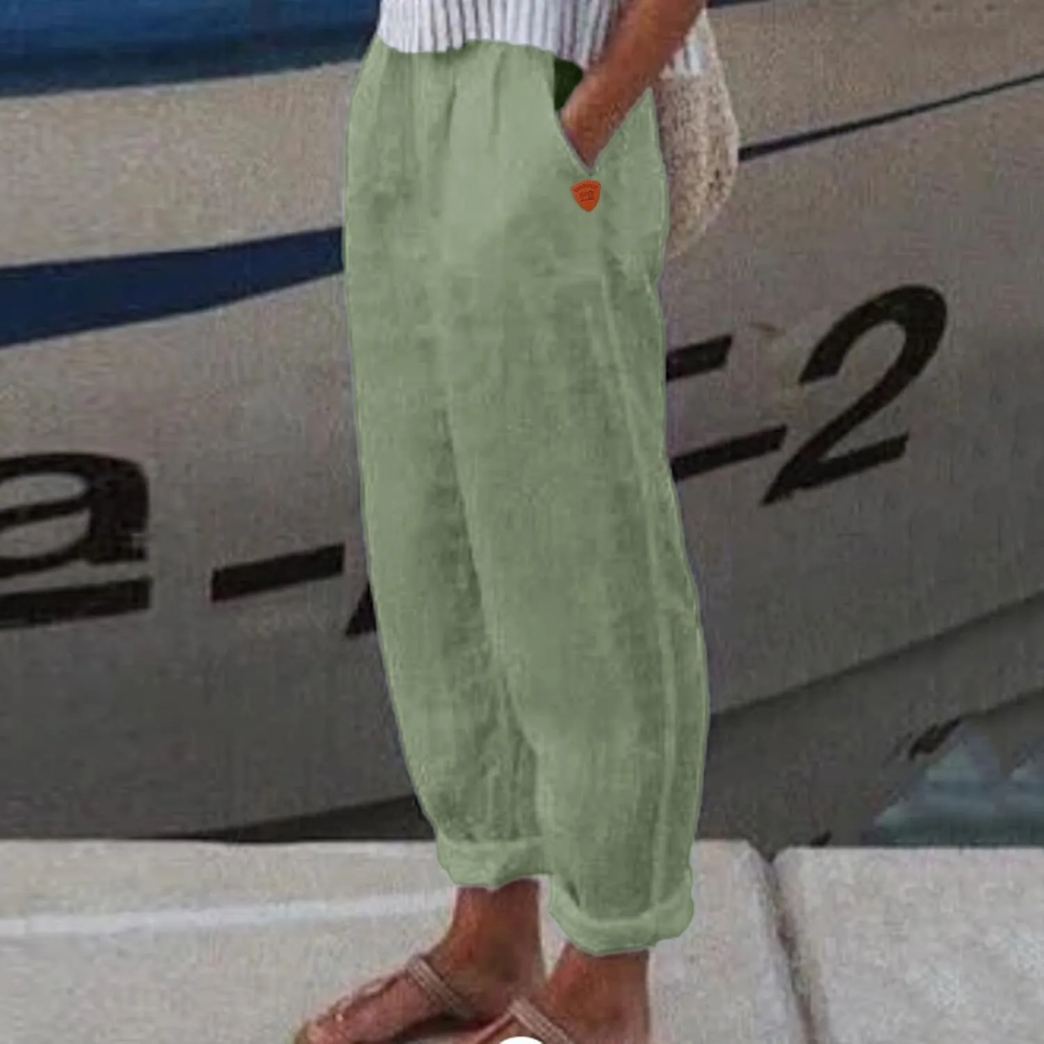 Womens Cotton Linen Summer Comfy Pants High Waist Wide Leg Slim-Fit Trousers Office