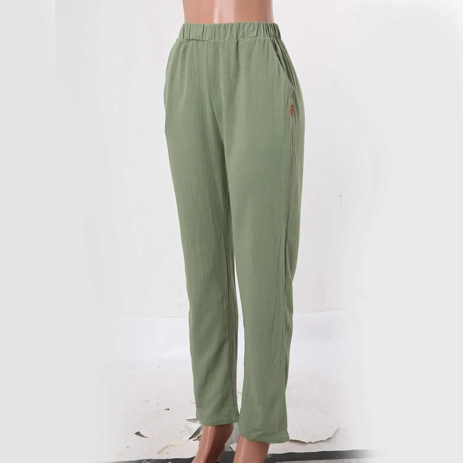 Womens Cotton Linen Summer Comfy Pants High Waist Wide Leg Slim-Fit Trousers Office