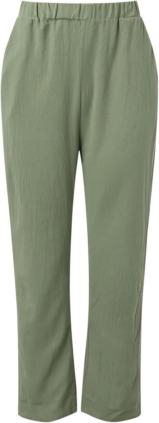 Womens Cotton Linen Summer Comfy Pants High Waist Wide Leg Slim-Fit Trousers Office