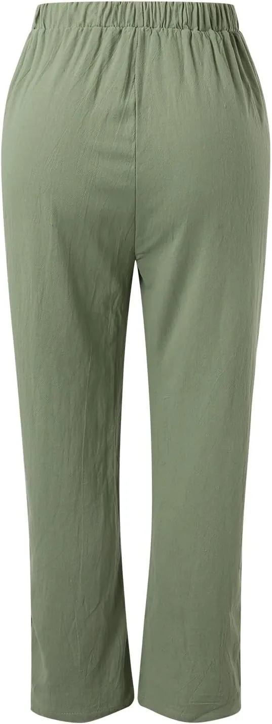 Womens Cotton Linen Summer Comfy Pants High Waist Wide Leg Slim-Fit Trousers Office