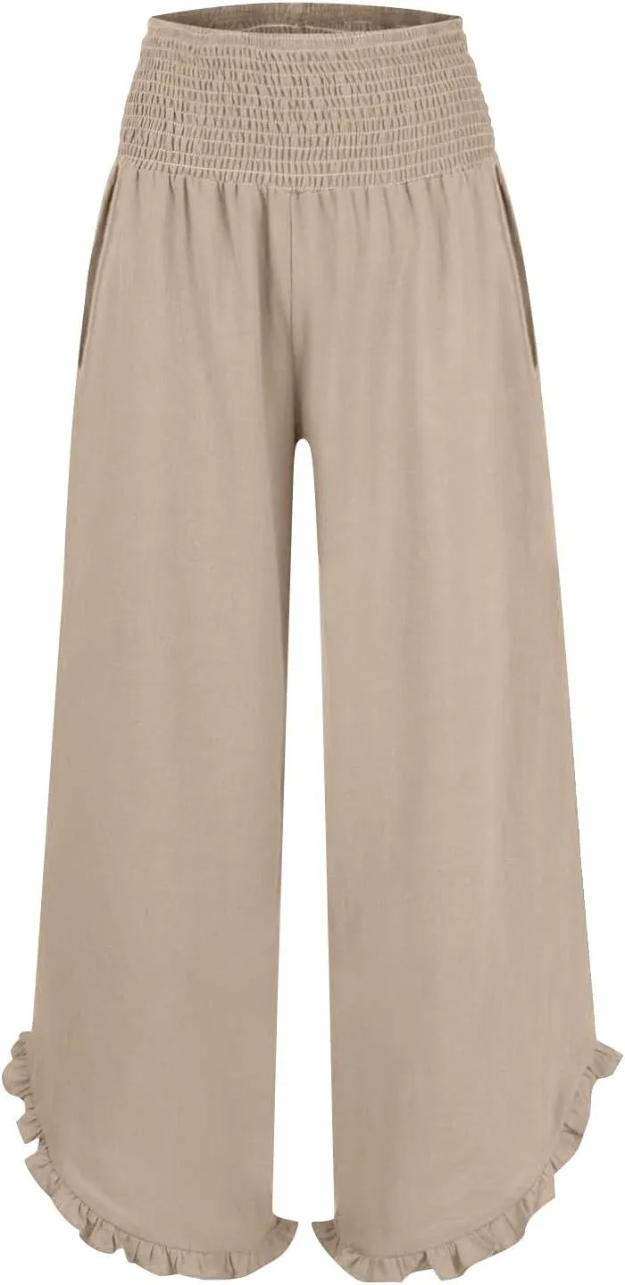 Women's Cotton Linen Wide Leg Pants Comfy Breathble Trousers with Irregular Pants Leg for Outdoor