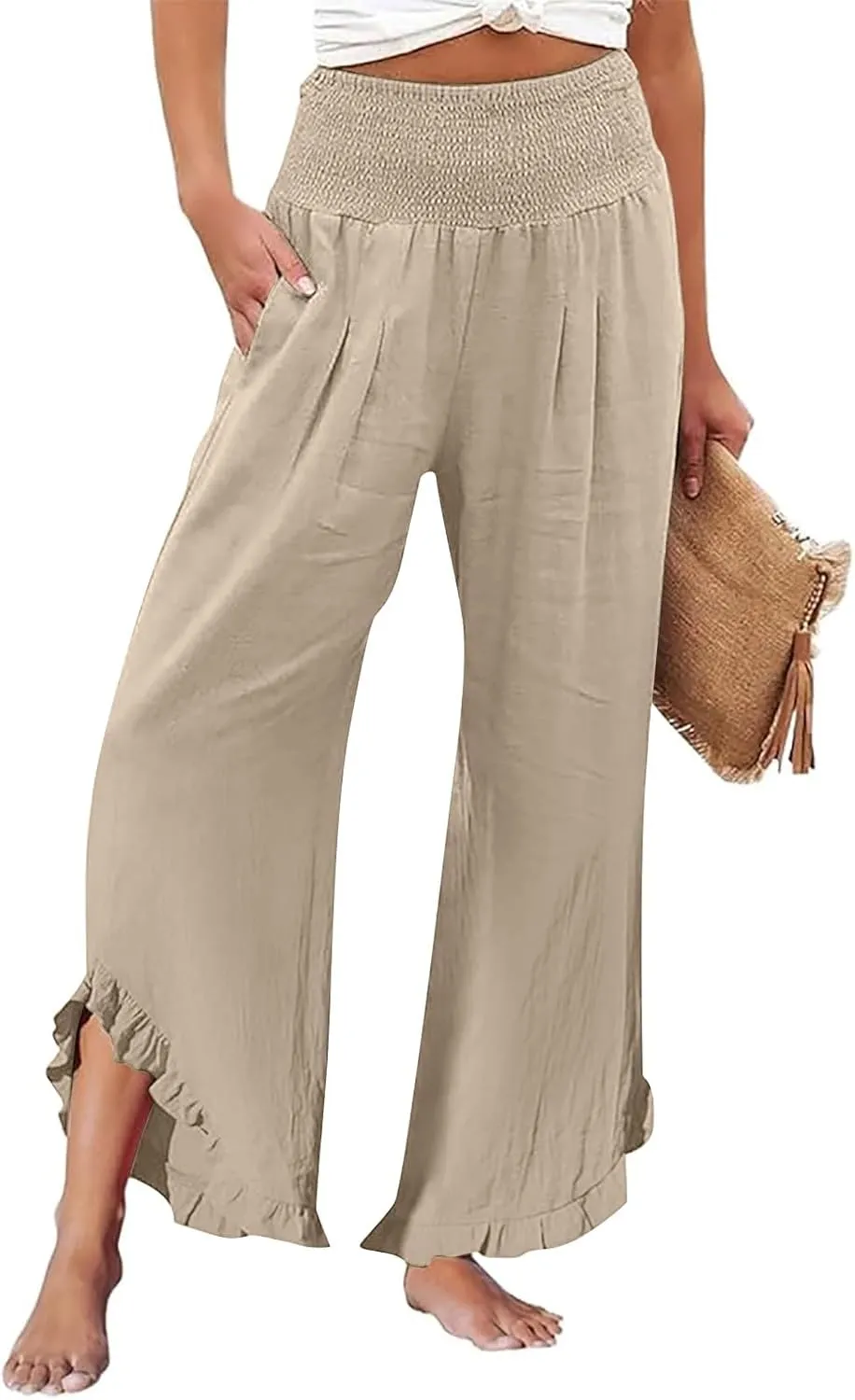 Women's Cotton Linen Wide Leg Pants Comfy Breathble Trousers with Irregular Pants Leg for Outdoor