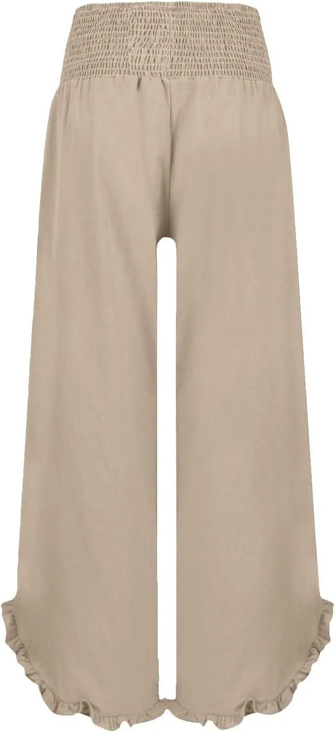Women's Cotton Linen Wide Leg Pants Comfy Breathble Trousers with Irregular Pants Leg for Outdoor