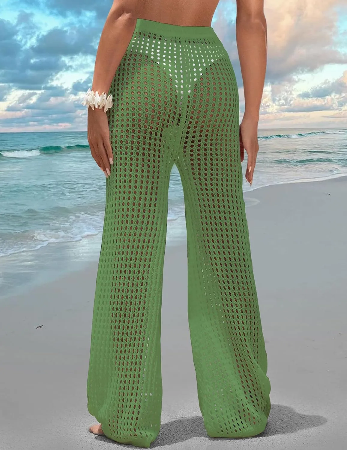 Womens Crochet Knit Elastic Waist Tie Beach Coverup Pant Summer 2025 Trendy Outfits Bathing Suit Cover Up Pants