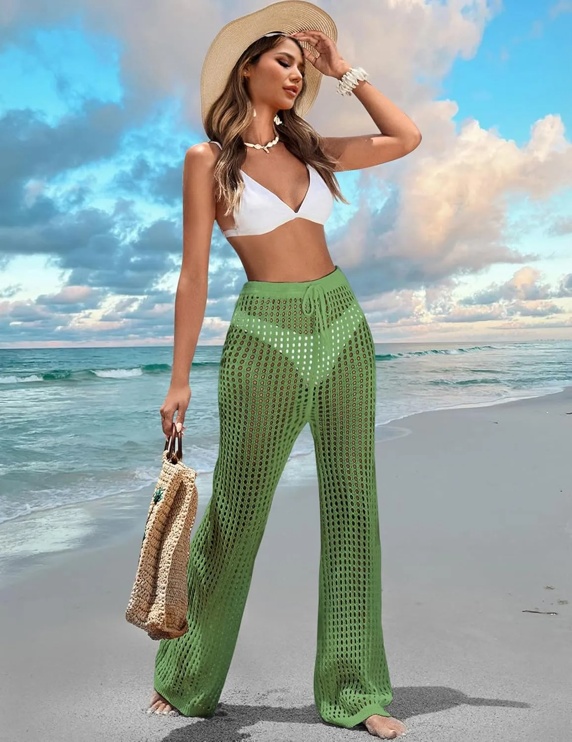 Womens Crochet Knit Elastic Waist Tie Beach Coverup Pant Summer 2025 Trendy Outfits Bathing Suit Cover Up Pants
