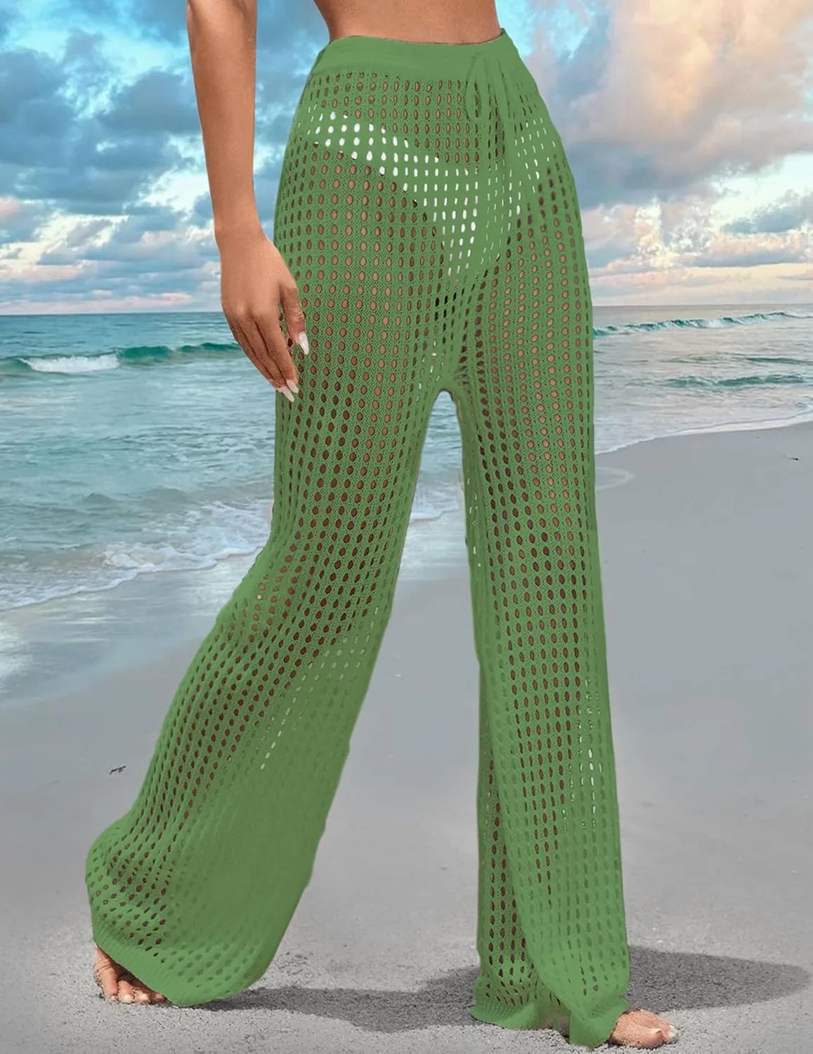 Womens Crochet Knit Elastic Waist Tie Beach Coverup Pant Summer 2025 Trendy Outfits Bathing Suit Cover Up Pants