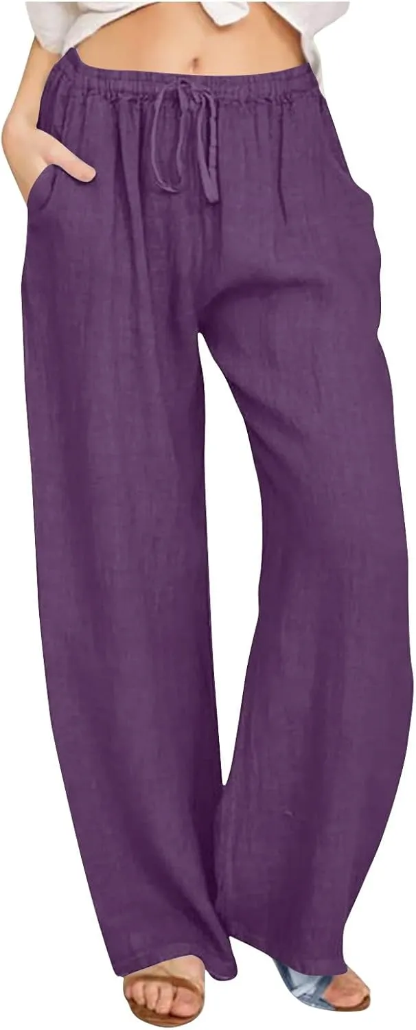 Womens Linen Flowy Pants Fashion Flowy Drawstring Palazzo Pants Summer Comfy Wide Leg Trousers with Pockets