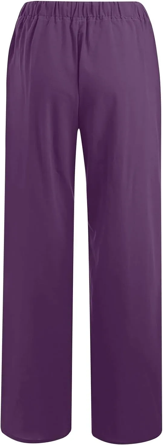 Womens Linen Flowy Pants Fashion Flowy Drawstring Palazzo Pants Summer Comfy Wide Leg Trousers with Pockets