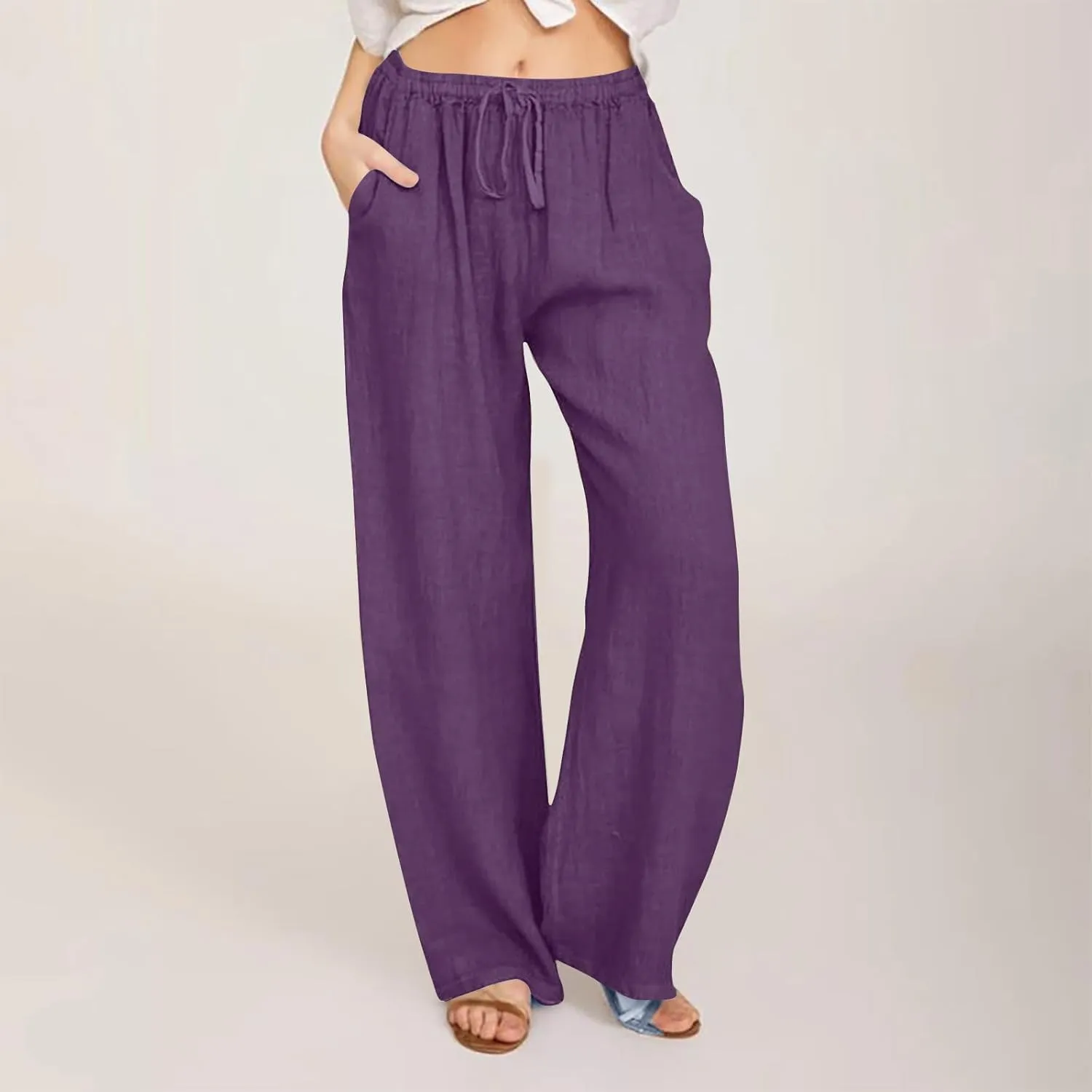 Womens Linen Flowy Pants Fashion Flowy Drawstring Palazzo Pants Summer Comfy Wide Leg Trousers with Pockets