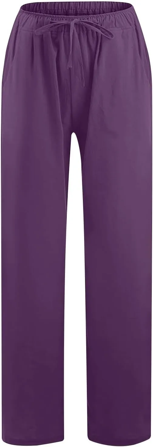 Womens Linen Flowy Pants Fashion Flowy Drawstring Palazzo Pants Summer Comfy Wide Leg Trousers with Pockets