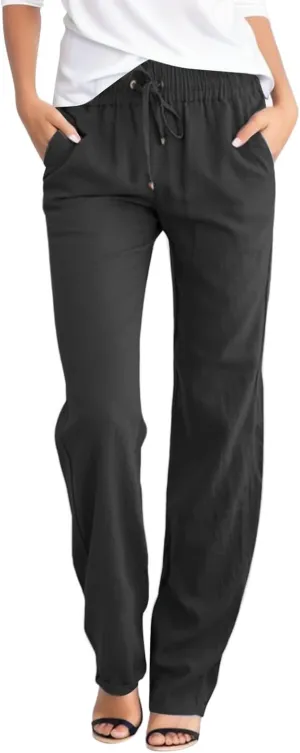 Women's Linen Palazzo Pants Summer Casual Dressy Linen Straight Trousers for Women Comfy Soild Long Pants with Pockets