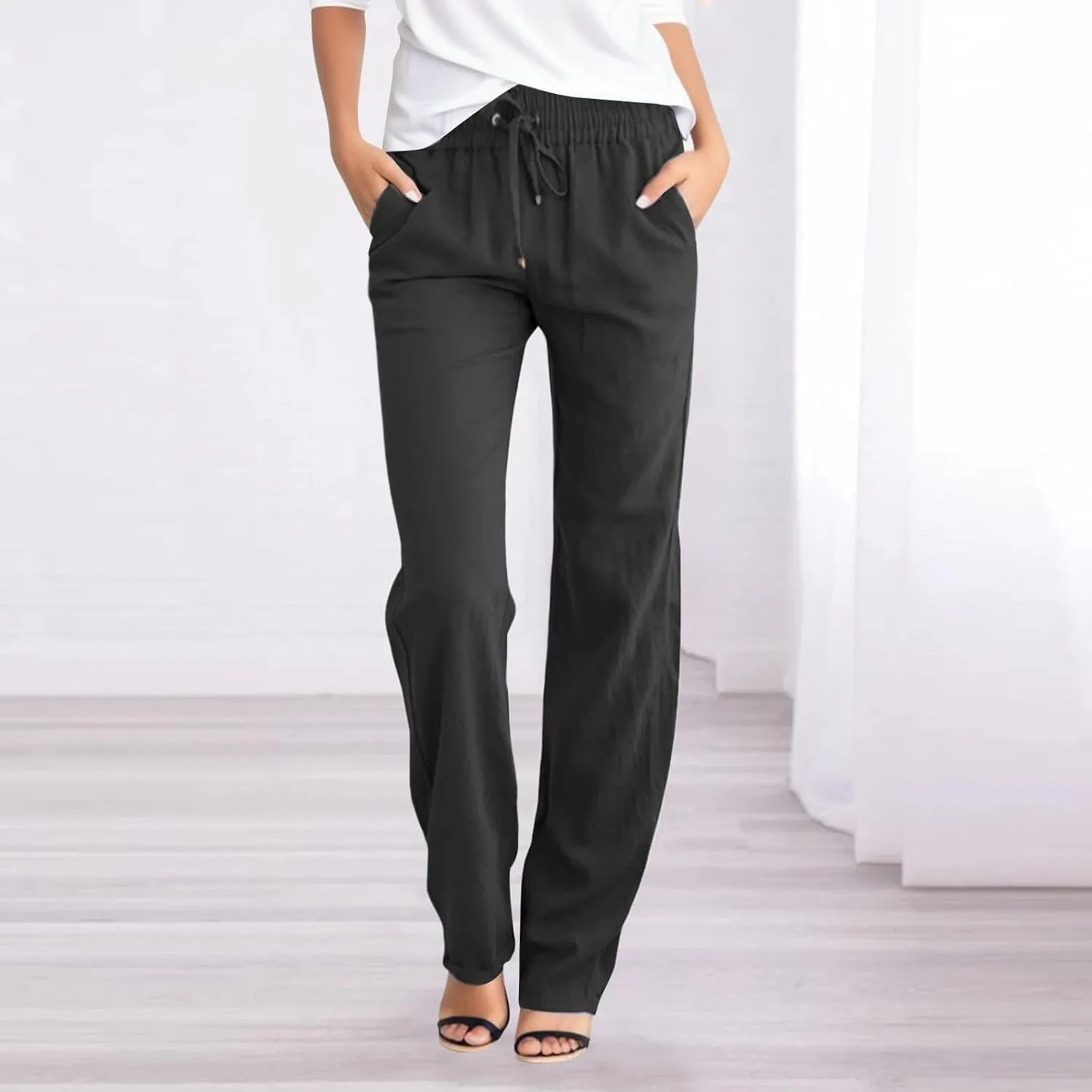 Women's Linen Palazzo Pants Summer Casual Dressy Linen Straight Trousers for Women Comfy Soild Long Pants with Pockets