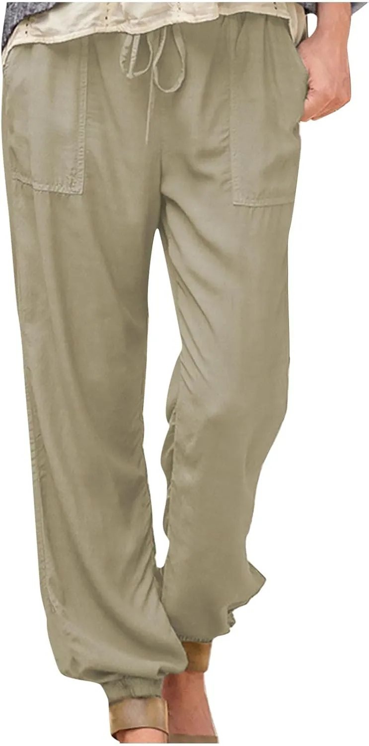 Womens Linen Pants 2025 Summer Casual Drawstring High Waist Loose Lounge Trousers Beach Summer Pant with Pockets
