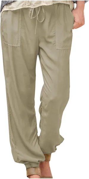 Womens Linen Pants 2025 Summer Casual Drawstring High Waist Loose Lounge Trousers Beach Summer Pant with Pockets