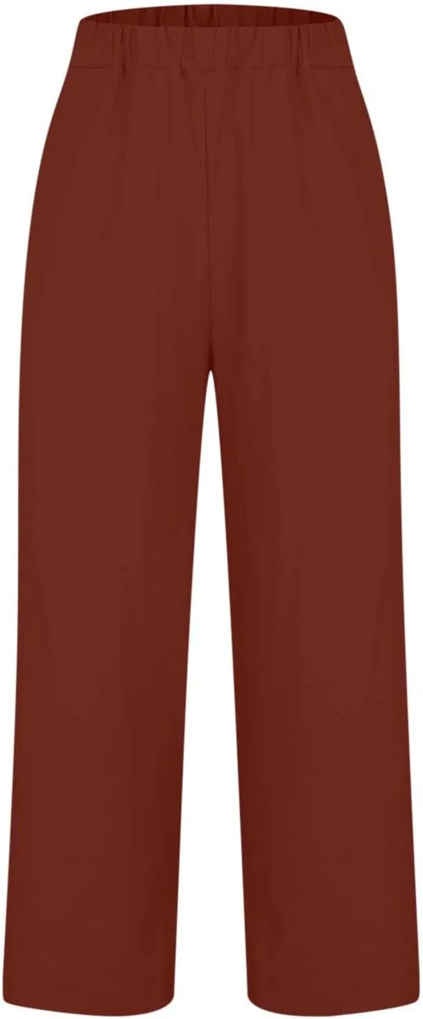Womens Linen Pants Summer Casual Pants with Pockets Palazzo Cropped Pants Comfy Baggy Trousers High Waisted Capris