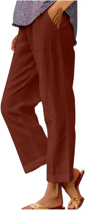 Womens Linen Pants Summer Casual Pants with Pockets Palazzo Cropped Pants Comfy Baggy Trousers High Waisted Capris