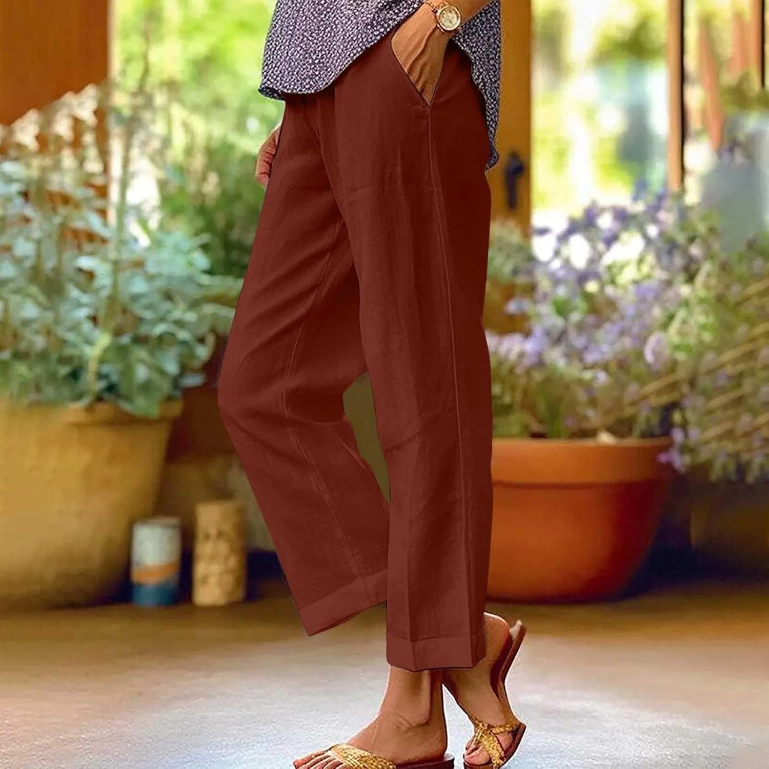 Womens Linen Pants Summer Casual Pants with Pockets Palazzo Cropped Pants Comfy Baggy Trousers High Waisted Capris