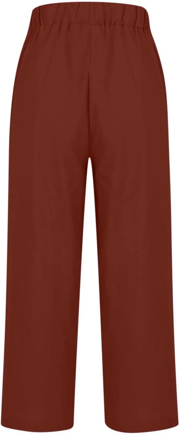 Womens Linen Pants Summer Casual Pants with Pockets Palazzo Cropped Pants Comfy Baggy Trousers High Waisted Capris