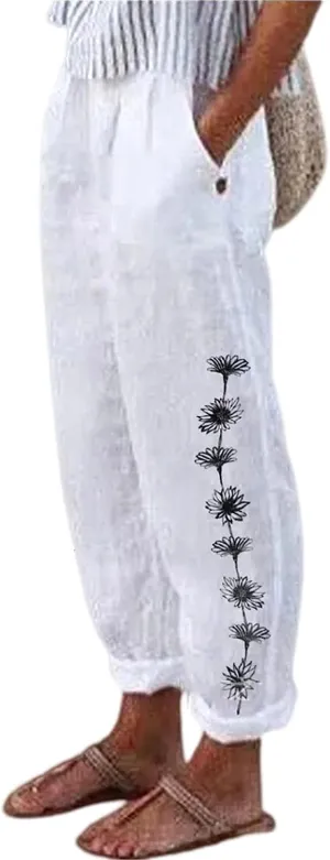 Womens Linen Pants with Pockets Loose Elastic High Waisted Comfy Beach Trousers Summer Lightweight Embroidered Casual Pants