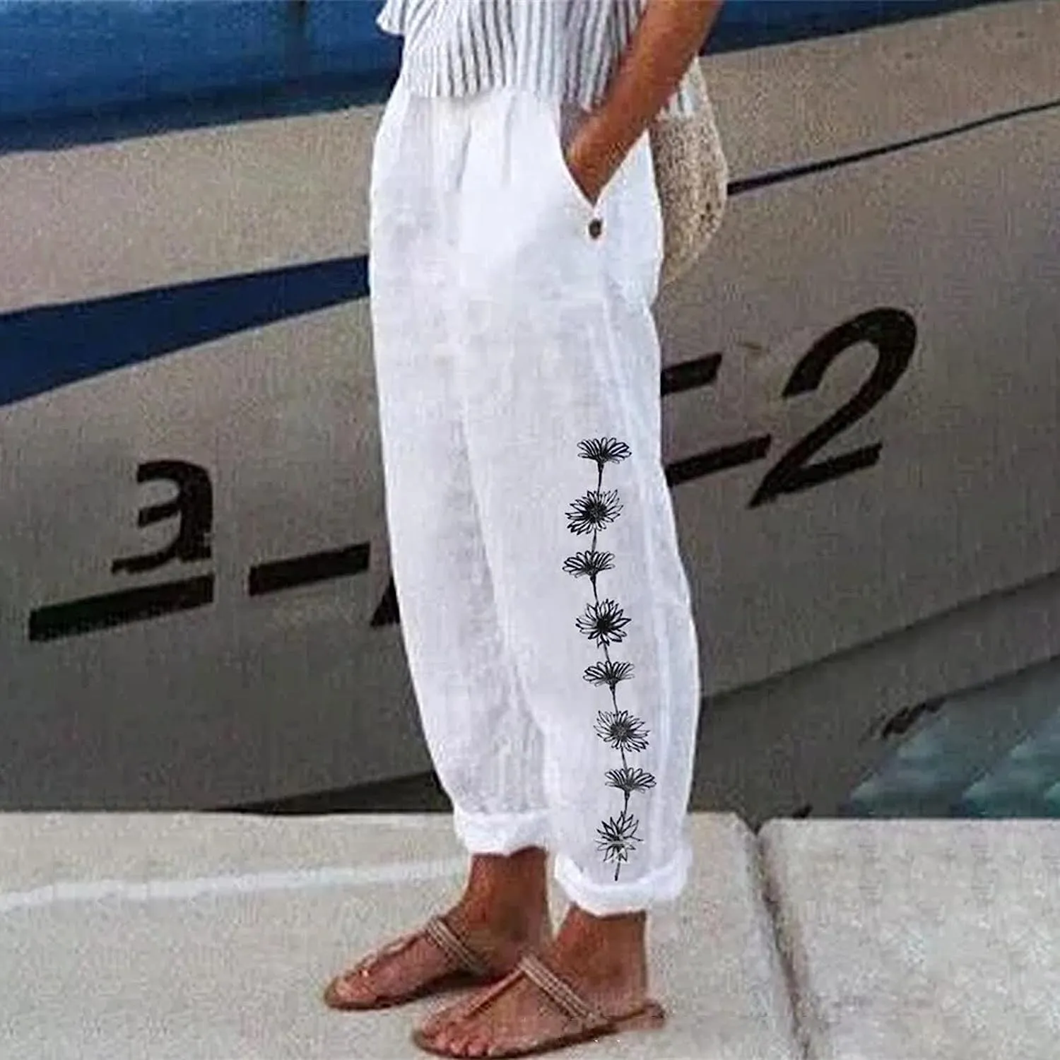 Womens Linen Pants with Pockets Loose Elastic High Waisted Comfy Beach Trousers Summer Lightweight Embroidered Casual Pants