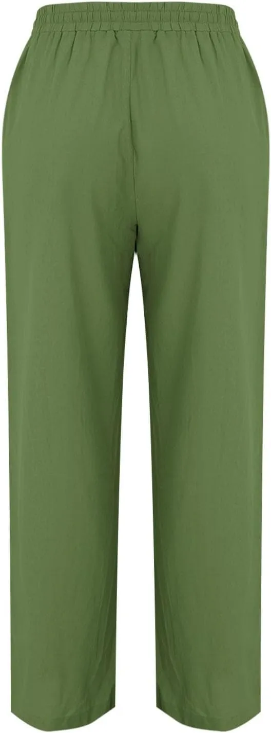 Womens Linen Wide Leg Pants Pull On Drawstring Comfy Casual Beach Palazzo Harem Summer Trousers with Pockets