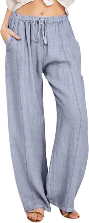 Womens Linen Wide Leg Pants Pull On Drawstring Comfy Casual Beach Palazzo Harem Summer Trousers with Pockets