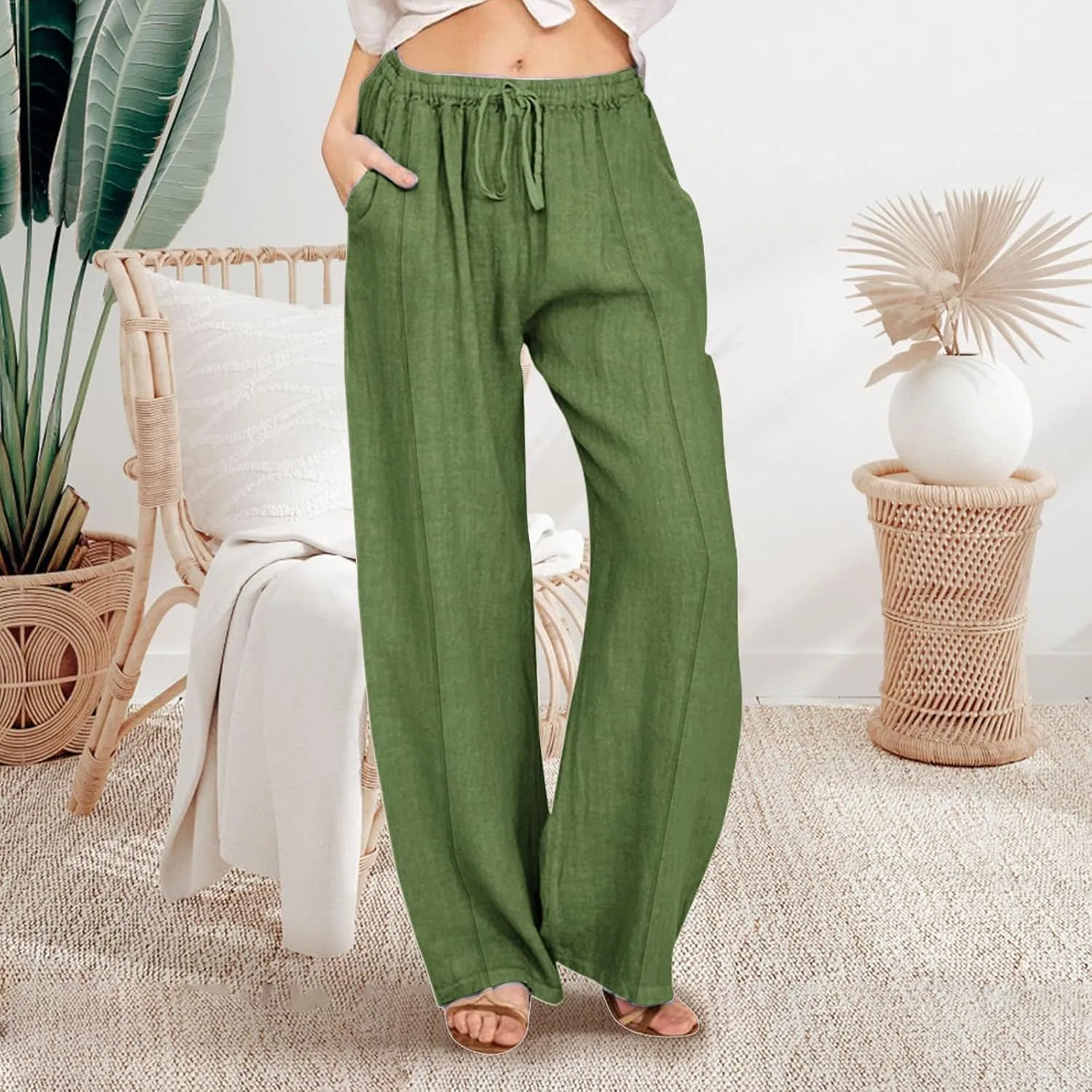 Womens Linen Wide Leg Pants Pull On Drawstring Comfy Casual Beach Palazzo Harem Summer Trousers with Pockets