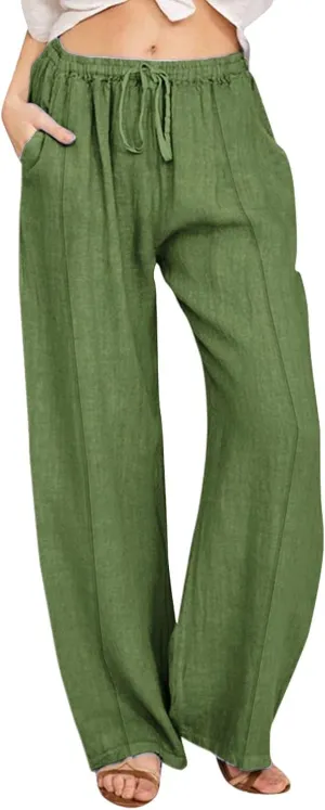 Womens Linen Wide Leg Pants Pull On Drawstring Comfy Casual Beach Palazzo Harem Summer Trousers with Pockets