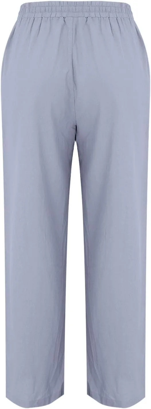 Womens Linen Wide Leg Pants Pull On Drawstring Comfy Casual Beach Palazzo Harem Summer Trousers with Pockets