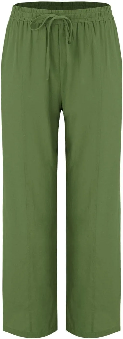 Womens Linen Wide Leg Pants Pull On Drawstring Comfy Casual Beach Palazzo Harem Summer Trousers with Pockets