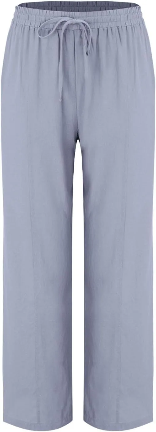 Womens Linen Wide Leg Pants Pull On Drawstring Comfy Casual Beach Palazzo Harem Summer Trousers with Pockets
