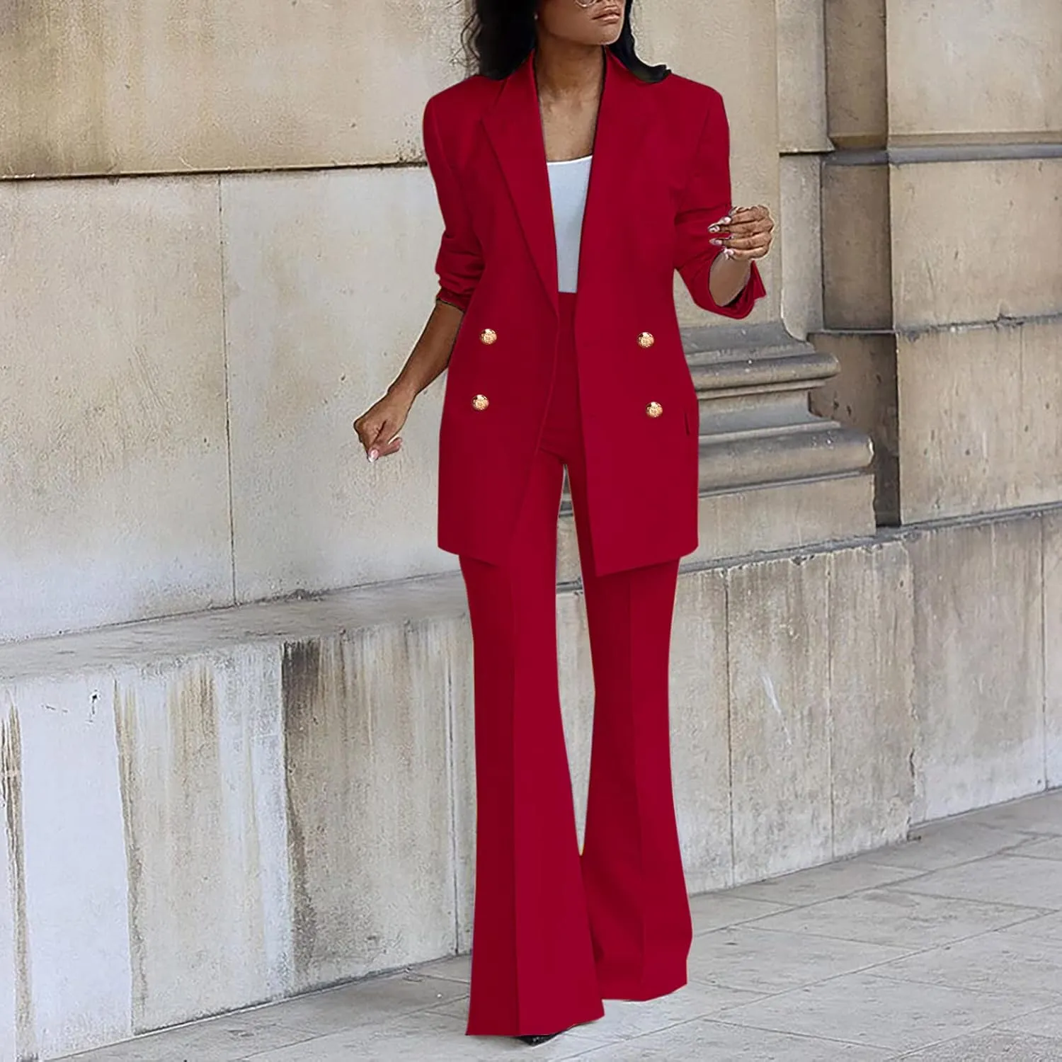Womens Outfits Dressy Casual 2 Piece Blazer Flare Pantsuit Set Fashion Business Suit Elegant Office Clothes Pant Suits