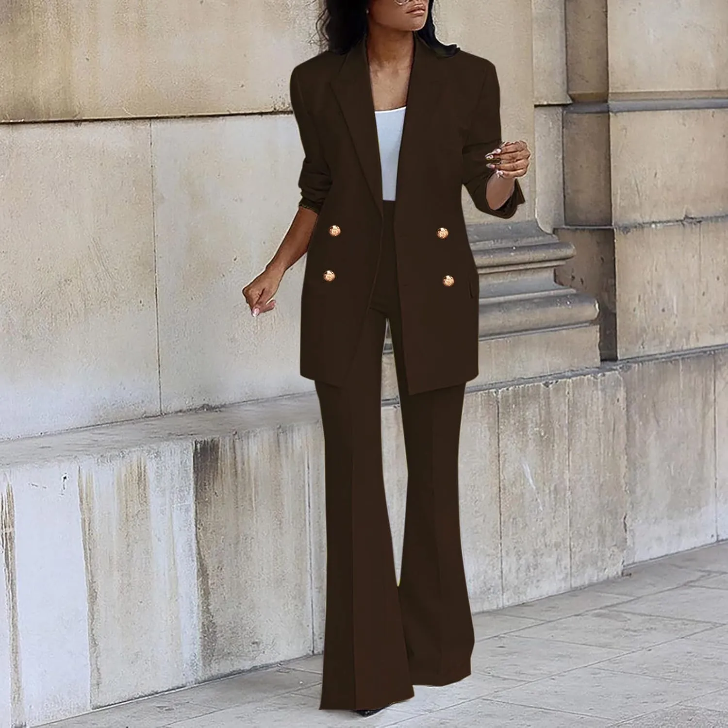 Womens Outfits Dressy Casual 2 Piece Blazer Flare Pantsuit Set Fashion Business Suit Elegant Office Clothes Pant Suits