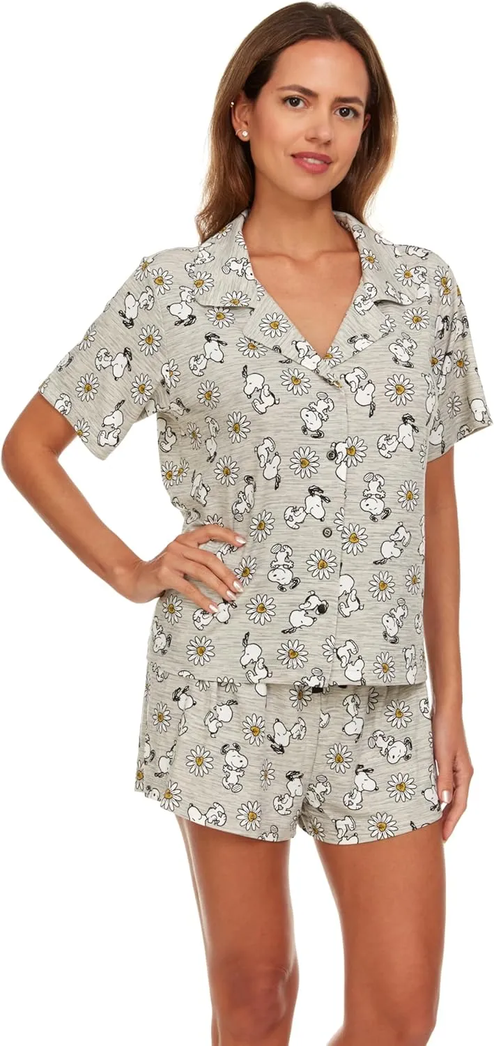 Womens Pamaja Sets - 2 Piece Peanuts Snoopy Shorts Sleeve Button Down Top and Pajama Shorts Set for Women (S-XL)