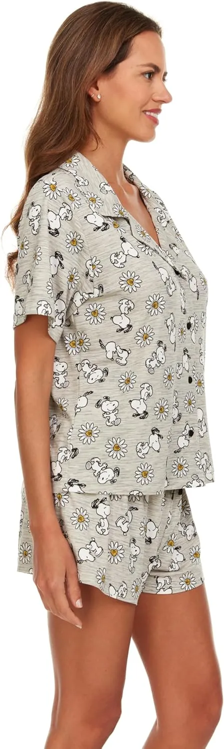 Womens Pamaja Sets - 2 Piece Peanuts Snoopy Shorts Sleeve Button Down Top and Pajama Shorts Set for Women (S-XL)