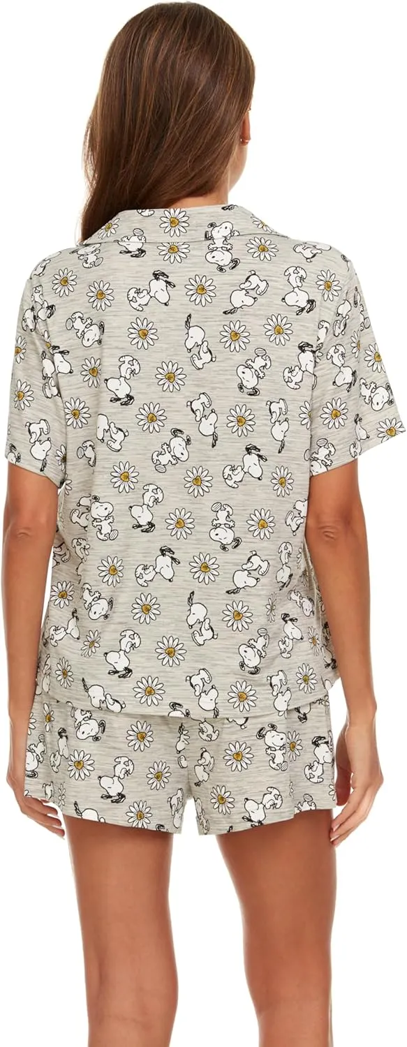 Womens Pamaja Sets - 2 Piece Peanuts Snoopy Shorts Sleeve Button Down Top and Pajama Shorts Set for Women (S-XL)