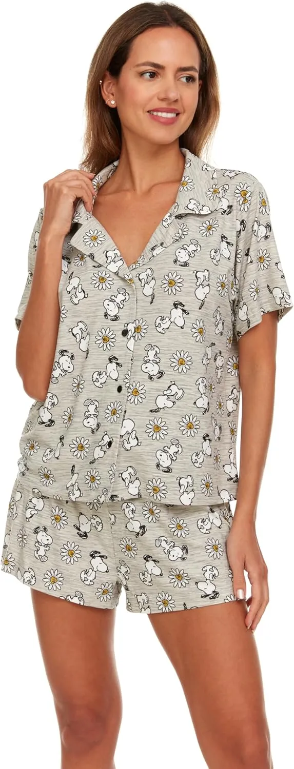 Womens Pamaja Sets - 2 Piece Peanuts Snoopy Shorts Sleeve Button Down Top and Pajama Shorts Set for Women (S-XL)