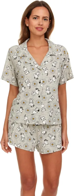 Womens Pamaja Sets - 2 Piece Peanuts Snoopy Shorts Sleeve Button Down Top and Pajama Shorts Set for Women (S-XL)